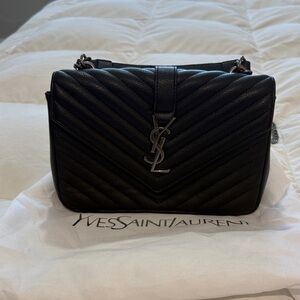 Saint Laurent Black Chevron Quilted Leather Shoulder Bag with YSL Logo